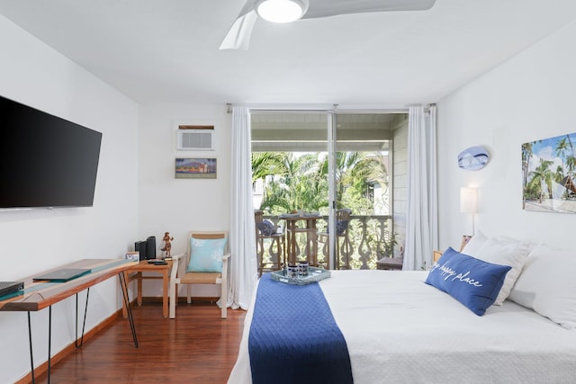 bedroom featuring dark hardwood / wood-style flooring, access to outside, and ceiling fan