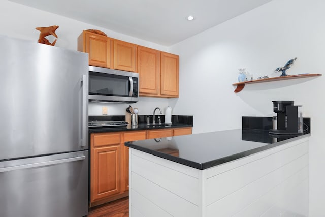 kitchen with stainless steel appliances, sink, and dark wood-type flooring