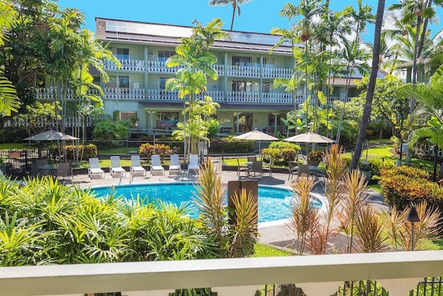 view of swimming pool with a patio