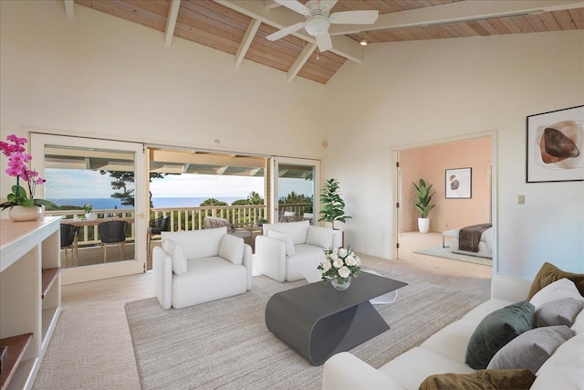 living room featuring wood ceiling, beamed ceiling, light colored carpet, and high vaulted ceiling