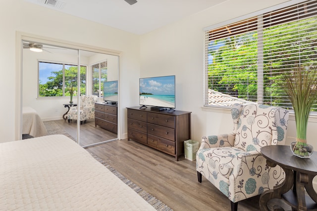 bedroom with ceiling fan, multiple windows, a closet, and light hardwood / wood-style flooring