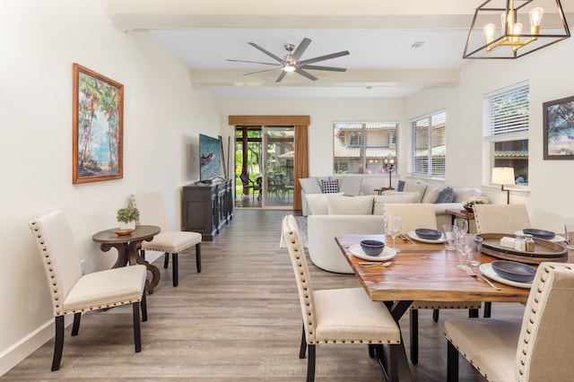 dining room featuring ceiling fan with notable chandelier, light hardwood / wood-style flooring, and beam ceiling