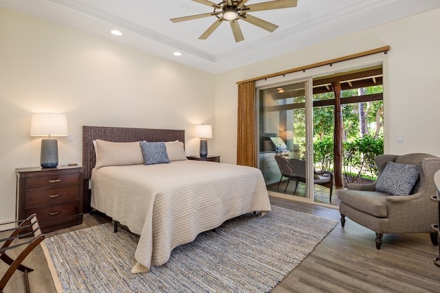 bedroom featuring ceiling fan, access to exterior, crown molding, and hardwood / wood-style floors