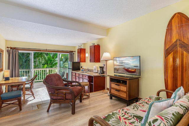 living room featuring a textured ceiling, light hardwood / wood-style flooring, and sink