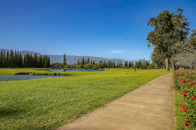 view of property's community with a water and mountain view and a lawn