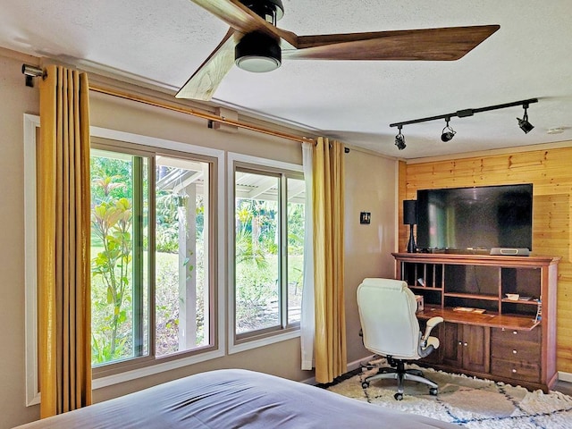 bedroom featuring a textured ceiling, rail lighting, multiple windows, and ceiling fan