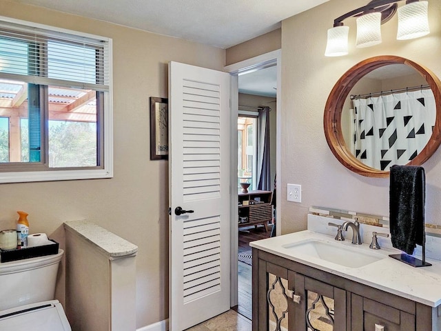 bathroom featuring a shower with curtain, wood-type flooring, vanity, and toilet