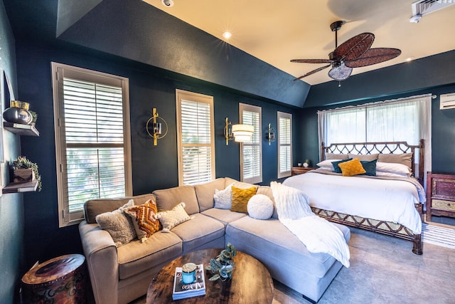 bedroom with multiple windows, ceiling fan, and vaulted ceiling