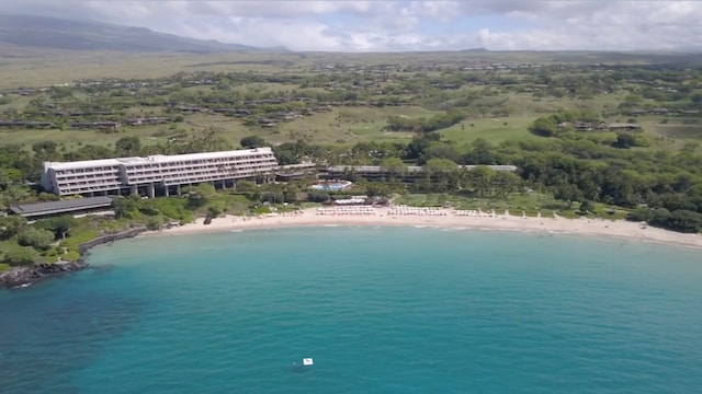 aerial view with a water view and a view of the beach