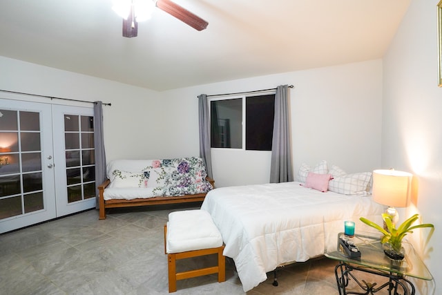 bedroom with ceiling fan, french doors, and access to outside