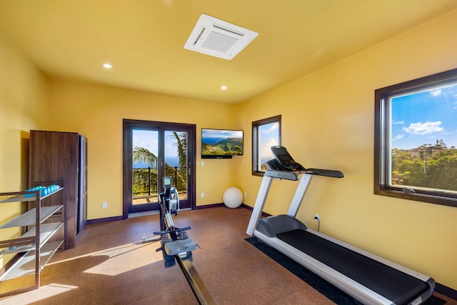 workout area with dark colored carpet