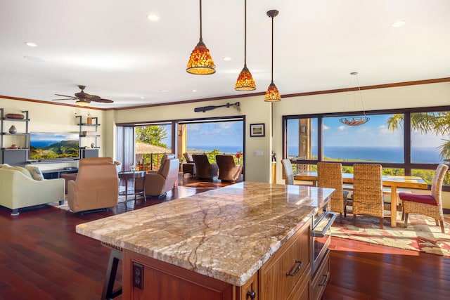 kitchen with a water view, hanging light fixtures, a wealth of natural light, and dark wood-type flooring