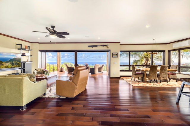 living room featuring a wall mounted air conditioner, ceiling fan, ornamental molding, and dark wood-type flooring