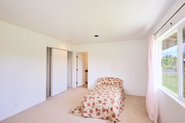 bedroom featuring light carpet and a closet