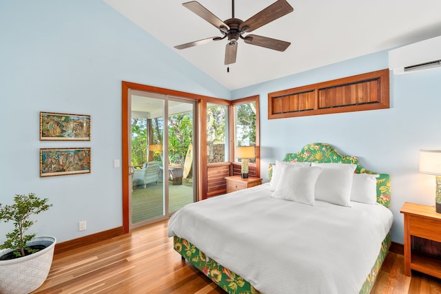 bedroom with access to outside, ceiling fan, high vaulted ceiling, light hardwood / wood-style flooring, and an AC wall unit