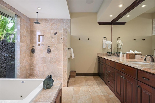 bathroom featuring separate shower and tub and vanity