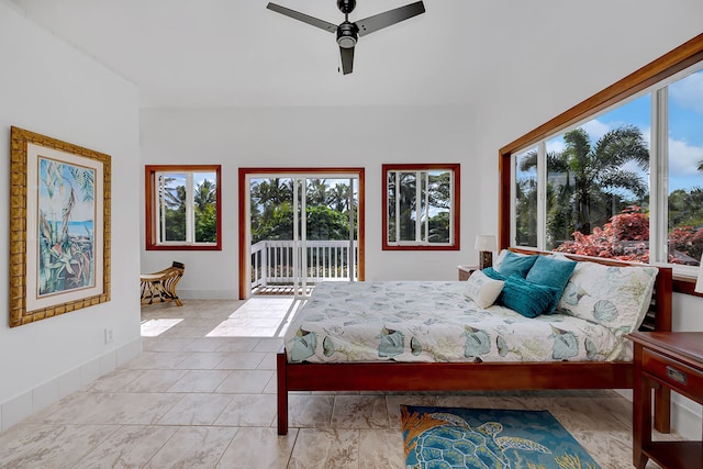 bedroom featuring access to outside and ceiling fan