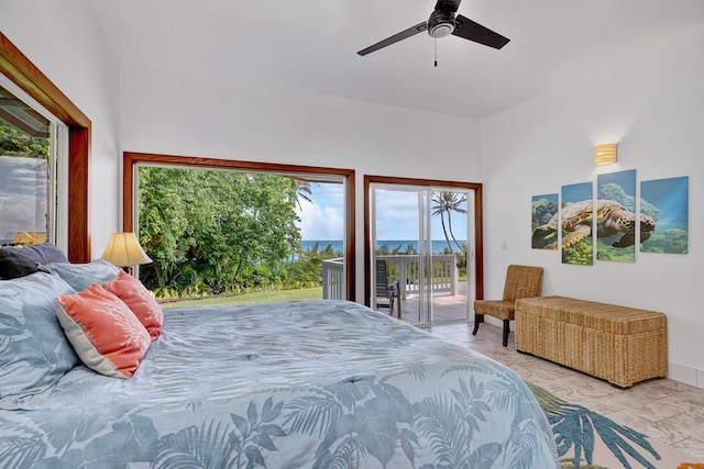 bedroom featuring access to exterior and ceiling fan