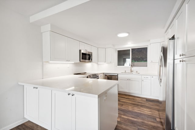 kitchen with white cabinetry, sink, dark hardwood / wood-style flooring, kitchen peninsula, and appliances with stainless steel finishes