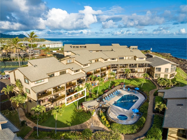 drone / aerial view featuring a water view