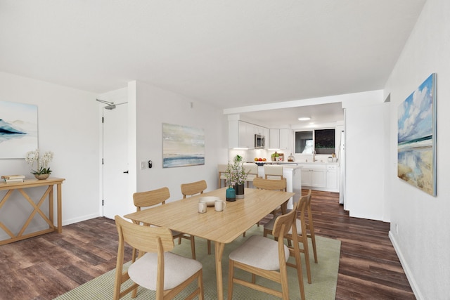 dining area featuring sink and dark hardwood / wood-style floors