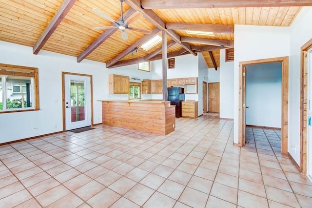 kitchen with ceiling fan, wooden ceiling, black refrigerator, and kitchen peninsula