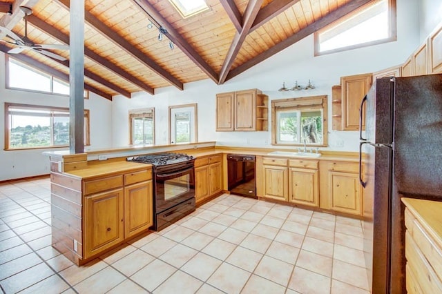 kitchen featuring wooden ceiling, plenty of natural light, black appliances, and kitchen peninsula