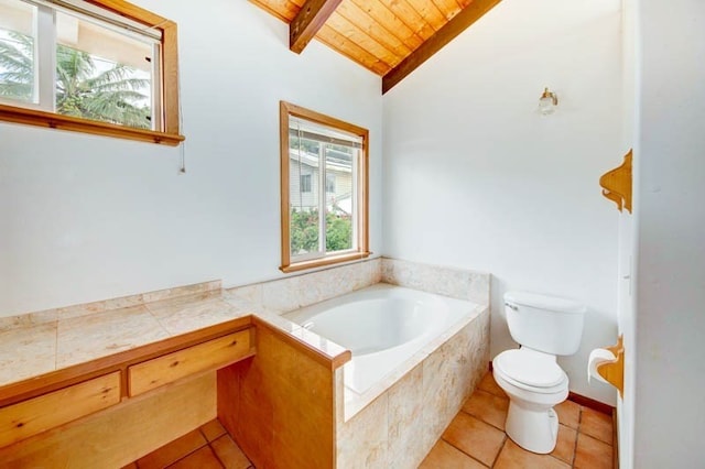 bathroom with wood ceiling, tiled bath, tile patterned floors, toilet, and lofted ceiling with beams