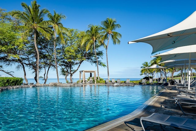 view of swimming pool with a water view