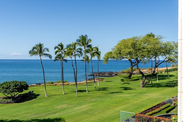 view of property's community with a yard and a water view