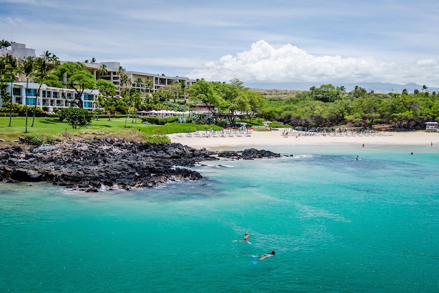 property view of water featuring a beach view