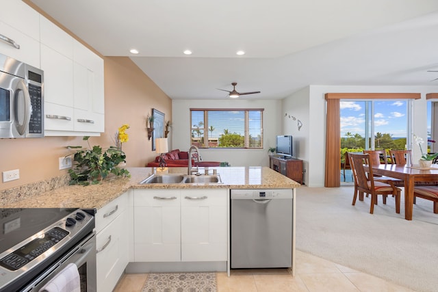 kitchen with white cabinetry, a wealth of natural light, sink, light carpet, and appliances with stainless steel finishes