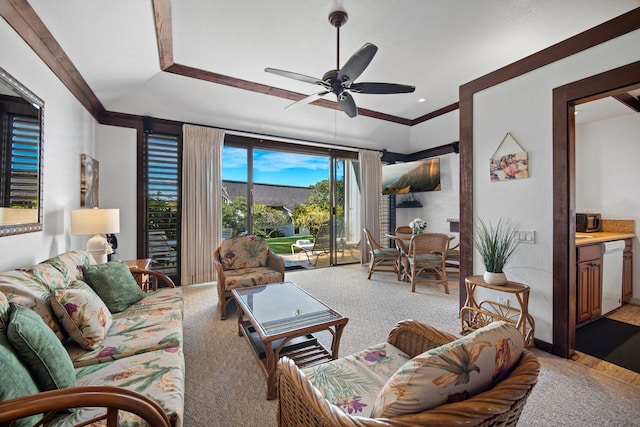 living room featuring ceiling fan, crown molding, and light hardwood / wood-style flooring