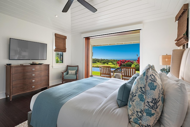 bedroom featuring high vaulted ceiling, ceiling fan, and dark wood-type flooring