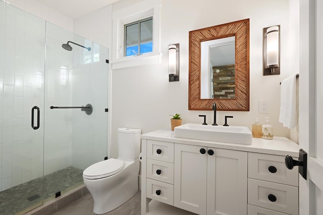 bathroom with tile patterned floors, vanity, toilet, and walk in shower