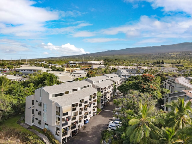 drone / aerial view featuring a mountain view