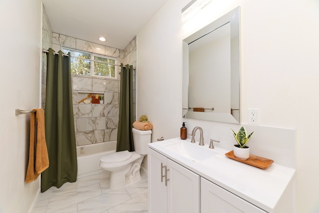 full bathroom with shower / bath combination with curtain, toilet, and vanity