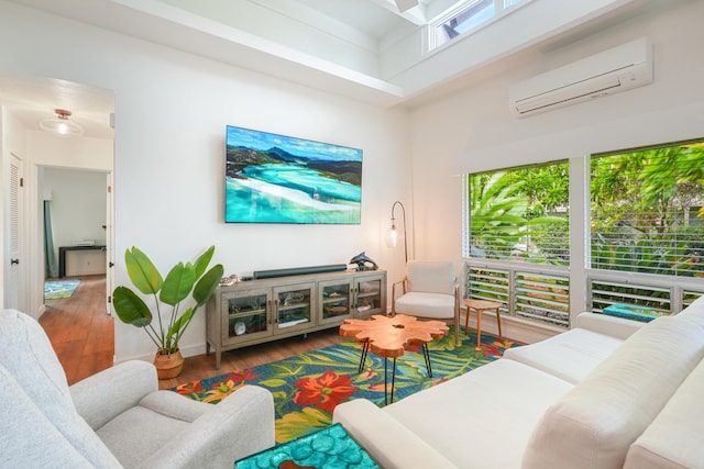 3880 Wyllie Rd Unit 11A, Princeville, HI 96722 - living area with a wall unit AC and wood finished floors