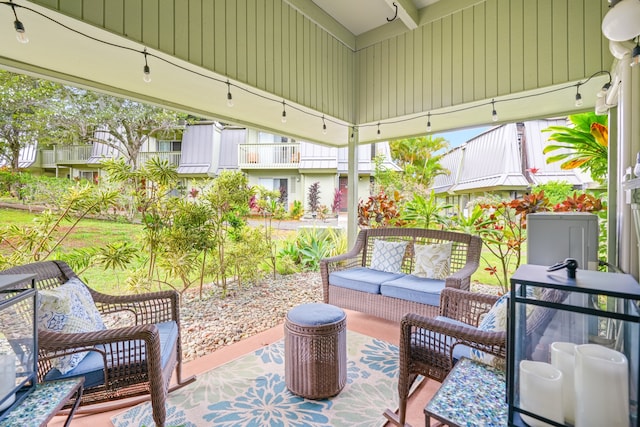 exterior space with a gazebo and an outdoor hangout area