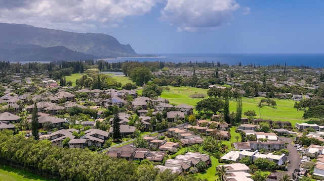 drone / aerial view featuring a water and mountain view