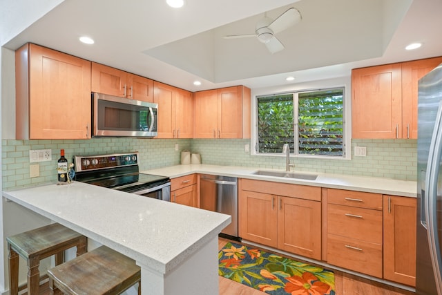 kitchen featuring light wood-type flooring, stainless steel appliances, sink, and tasteful backsplash