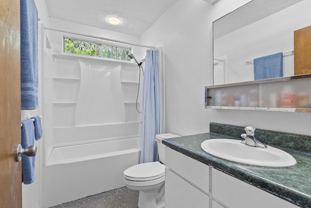 full bathroom with shower / bath combo, vanity, and toilet