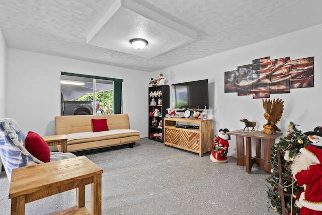 living room with a textured ceiling