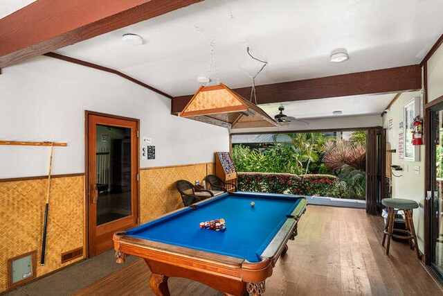 playroom featuring ceiling fan, beam ceiling, wood-type flooring, and pool table