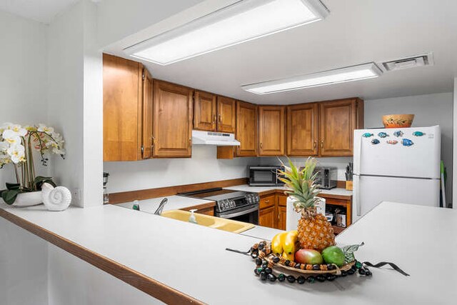 kitchen with kitchen peninsula, sink, and appliances with stainless steel finishes