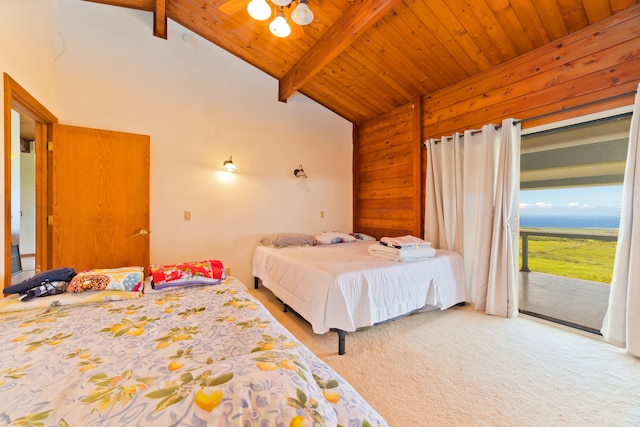 bedroom with wooden walls, carpet, lofted ceiling with beams, access to outside, and wooden ceiling