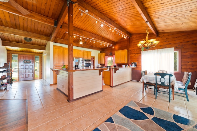 kitchen featuring kitchen peninsula, wood ceiling, stainless steel appliances, lofted ceiling with beams, and wood walls