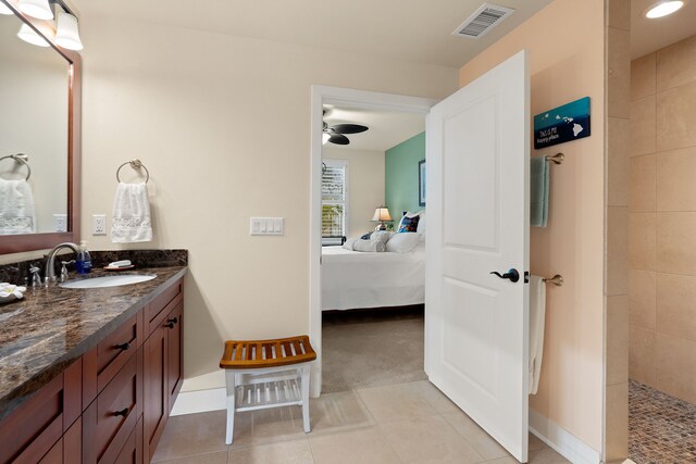 bathroom featuring tile patterned flooring, vanity, and tiled shower