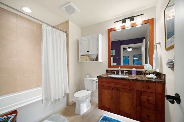 full bathroom featuring vanity, tile patterned floors, ceiling fan, toilet, and shower / bathtub combination with curtain