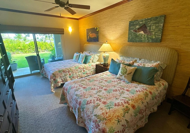 carpeted bedroom with ceiling fan, access to exterior, and crown molding